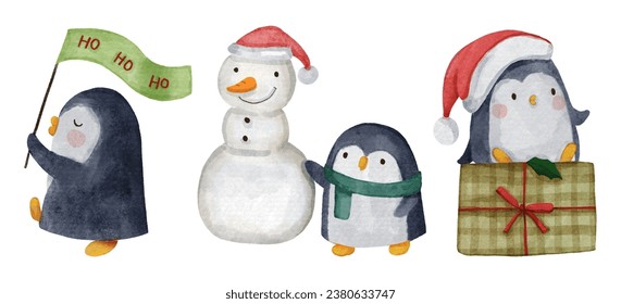 Pingüino con disfraces de navidad. Personajes de dibujos animados de color acuarela . Aislado. Conjunto 5 de 7 . Vector.