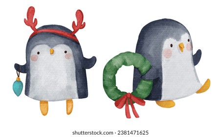 Penguin with christmas costume . Watercolor paint cartoon characters . Isolated . Set 7 of 7 . Vector .