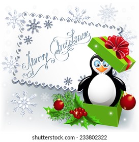 Penguin in the Christmas gift box and Greeting Card