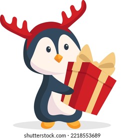 Penguin with Christmas Gift Character Design Illustration