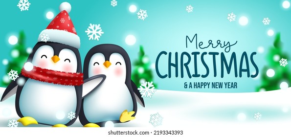 Penguin christmas greeting vector design. Merry christmas text with penguins friendly characters in outdoor snow for xmas holiday celebration. Vector illustration.

