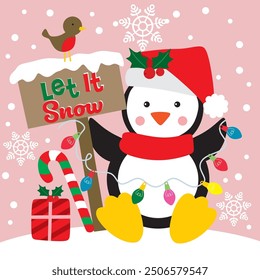 Penguin with Christmas Lights For Christmas Card or Bag design