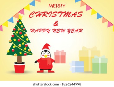 Penguin in Christmas red hat stand near tree and gift boxes. Penguin look like happy so much. EPS10 and vector.