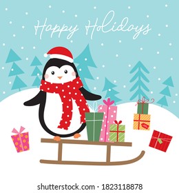 penguin with christmas sleigh greeting card design on blue color background