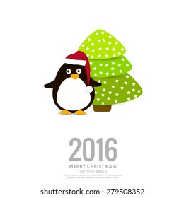 Penguin Christmas tree 2016 card. Vector EPS 10 illustration.