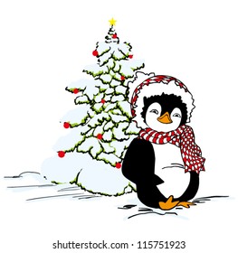 penguin with christmas tree