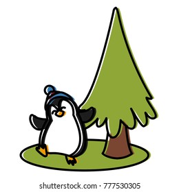 Penguin and christmas tree cartoon