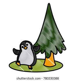 Penguin and christmas tree cartoon