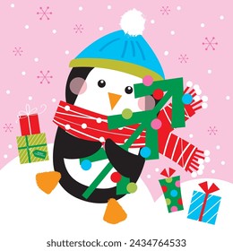 penguin and christmas tree greeting card design