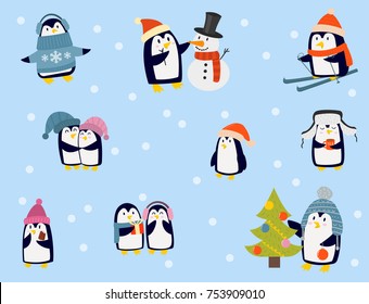 Penguin christmas vector illustration character. Cartoon funny cute animal isolated. Antarctica polar beak pole winter bird. Funny outdoors wild life south arctic.