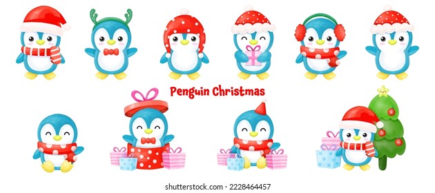 Penguin christmas Watercolor Clipart, merry christmas