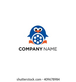 Penguin and cinema combination logo, icon. Symbol for cinema studio. Penguin mascot.