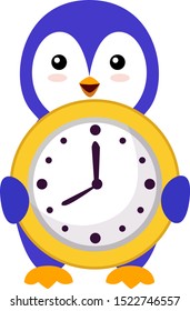 Penguin with clock, illustration, vector on white background.