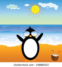 penguin with coconut on the beach vector illustration