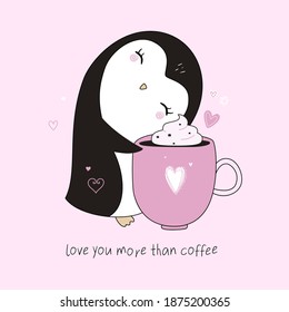 Penguin and coffee mug with lettering. Trendy flat style. Pastel colored vector illustration.