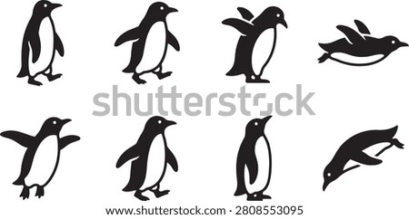 Penguin colony swimming walking and sliding silhouette icons