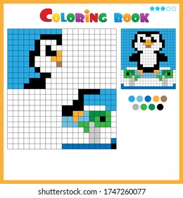 Penguin. Color the image symmetrically. Coloring book for kids. Colorful Puzzle Game for Children with answer.