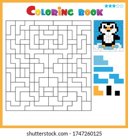 Penguin. Color the image using shapes. Coloring book for kids. Colorful Puzzle Game for Children with answer.