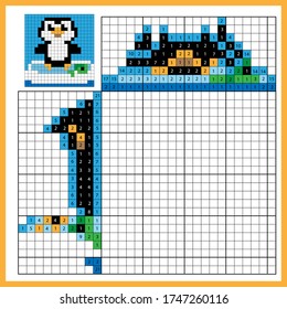 Penguin. Colorful japanese crossword with answer. Color by numbers. Coloring book for kids. Nonogram. Puzzle Game for school Children.