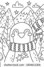 Penguin coloring book for kids and adults. Beautiful christmas coloring page.