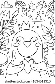 Penguin coloring book for kids and adults. Beautiful christmas coloring page.