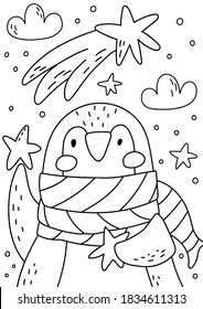 Penguin coloring book for kids and adults. Beautiful christmas coloring page.