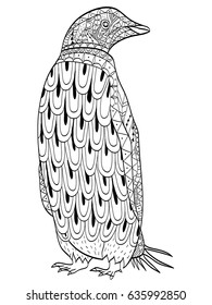Penguin coloring book vector illustration. Anti-stress coloring for adult bird. Zentangle style. Black and white lines. Lace pattern