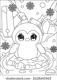 Penguin Coloring Page Ice River Line Art