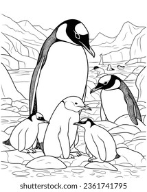 penguin coloring page realistic line art  