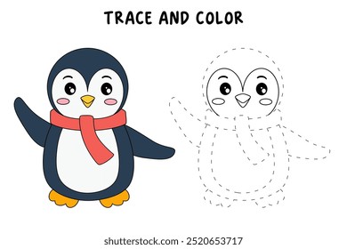Penguin coloring pages for kids. Trace and color Penguin. Coloring page cute christmas Penguin with a scarf around his neck. Kindergarten and preschool worksheets printables vector. 