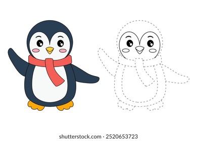 Penguin coloring pages for kids. Trace and color Penguin. Coloring page cute christmas Penguin with a scarf around his neck. Kindergarten and preschool worksheets printables vector. 