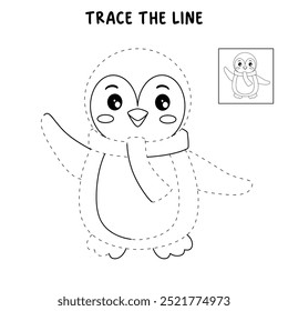 Penguin coloring pages for kids. Trace and color Penguin. Coloring page cute christmas Penguin with a scarf around his neck. Kindergarten and preschool worksheets printables vector. 
