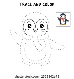 Penguin coloring pages for kids. Trace and color Penguin. Coloring page cute christmas Penguin with a scarf around his neck. Kindergarten and preschool worksheets printables vector. 