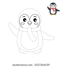 Penguin coloring pages for kids. Trace and color Penguin. Coloring page cute christmas Penguin with a scarf around his neck. Kindergarten and preschool worksheets printables vector. 