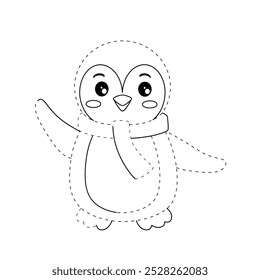 Penguin coloring pages for kids. Trace and color Penguin. Coloring page cute christmas Penguin with a scarf around his neck. Kindergarten and preschool worksheets printables vector. 