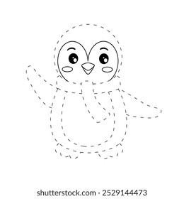 Penguin coloring pages for kids. Trace and color Penguin. Coloring page cute christmas Penguin with a scarf around his neck. Kindergarten and preschool worksheets printables vector. 