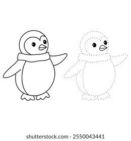 Penguin coloring pages for kids. Trace and color Penguin. Coloring page cute christmas Penguin with a scarf around his neck. Kindergarten and preschool worksheets printables vector. 