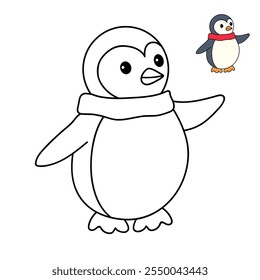 Penguin coloring pages for kids. Trace and color Penguin. Coloring page cute christmas Penguin with a scarf around his neck. Kindergarten and preschool worksheets printables vector. 