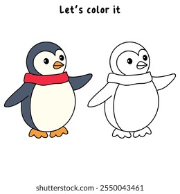 Penguin coloring pages for kids. Trace and color Penguin. Coloring page cute christmas Penguin with a scarf around his neck. Kindergarten and preschool worksheets printables vector. 