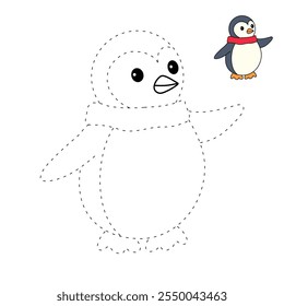 Penguin coloring pages for kids. Trace and color Penguin. Coloring page cute christmas Penguin with a scarf around his neck. Kindergarten and preschool worksheets printables vector. 