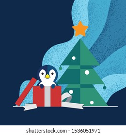 Penguin come up from presents box in front of Christmas tree with blue tone background