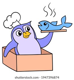 Penguin Comes Out Of The Box Carrying A Menu Of Cooked Fish, Vector Illustration Art. Doodle Icon Image Kawaii.