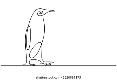 Dibujo de arte de una línea continua de pingüino de Vector, pingüino de una línea, boceto. Ilustración vectorial monocromática del contorno del animal polar aislado en el fondo blanco, arte continuo de la línea del pingüino