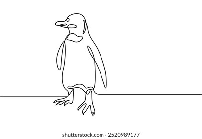 Pinguim contínuo uma linha arte desenho do vetor, Uma linha pinguim, esboço. Ilustração vetorial monocromática do contorno do animal polar isolado no fundo branco, arte da linha contínua do pinguim