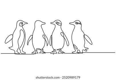 Dibujo de arte de una línea continua de pingüino de Vector, pingüino de una línea, boceto. Ilustración vectorial monocromática del contorno del animal polar aislado en el fondo blanco, arte continuo de la línea del pingüino