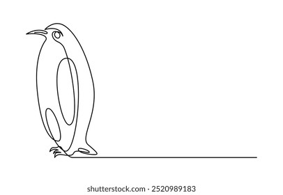 Penguin continuous one line art drawing of vector, One line penguin, sketch. Outline monochrome vector illustration of polar animal isolated on white background, Continuous line art of penguin