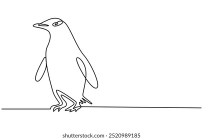 Dibujo de arte de una línea continua de pingüino de Vector, pingüino de una línea, boceto. Ilustración vectorial monocromática del contorno del animal polar aislado en el fondo blanco, arte continuo de la línea del pingüino