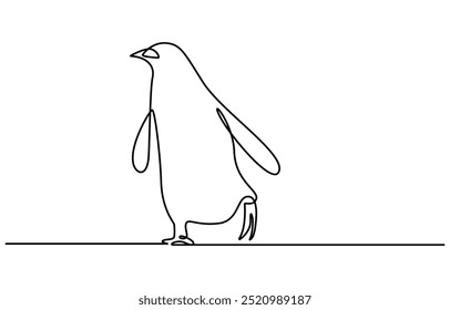 Dibujo de arte de una línea continua de pingüino de Vector, pingüino de una línea, boceto. Ilustración vectorial monocromática del contorno del animal polar aislado en el fondo blanco, arte continuo de la línea del pingüino