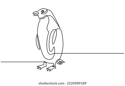 Penguin continuous one line art drawing of vector, One line penguin, sketch. Outline monochrome vector illustration of polar animal isolated on white background, Continuous line art of penguin
