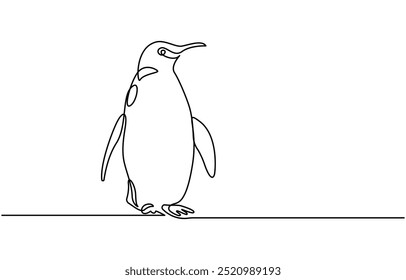 Dibujo de arte de una línea continua de pingüino de Vector, pingüino de una línea, boceto. Ilustración vectorial monocromática del contorno del animal polar aislado en el fondo blanco, arte continuo de la línea del pingüino